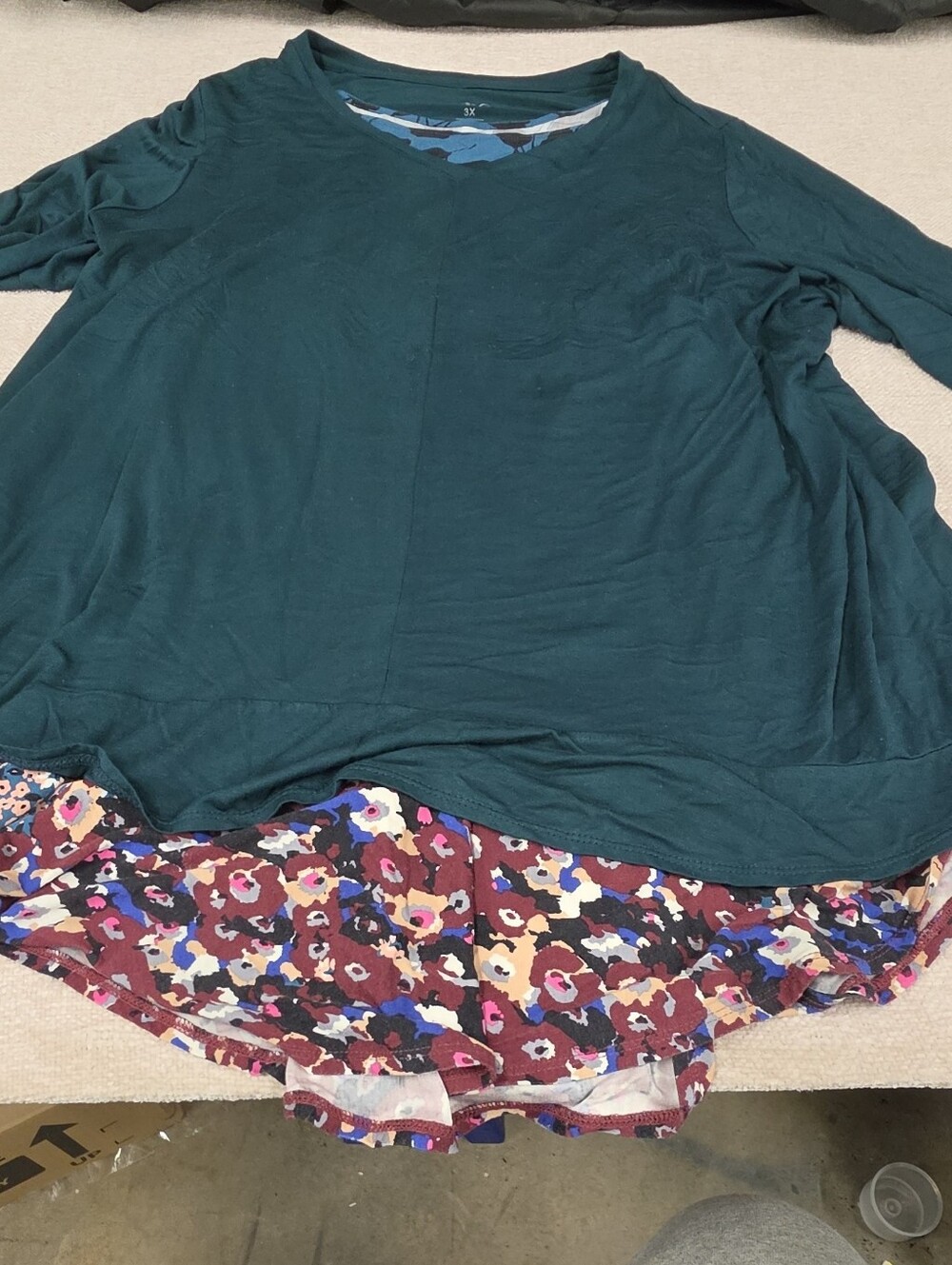 LOGO by Lori Goldstein 3X Teal Floral Mixed Media Ruffle Hem Tunic Top